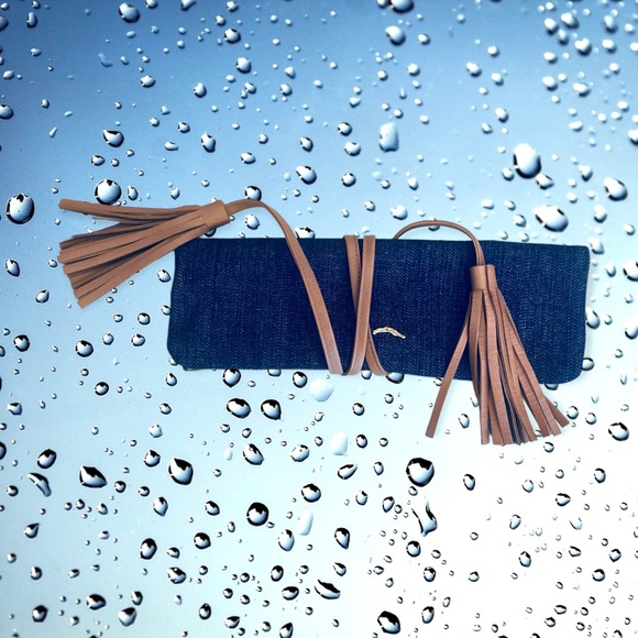 Designer Denim Leather Tassel Clutch Bag - Picture 5 of 6